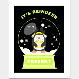 It Is Reindeer Present Penguin (Yellow) Posters and Art